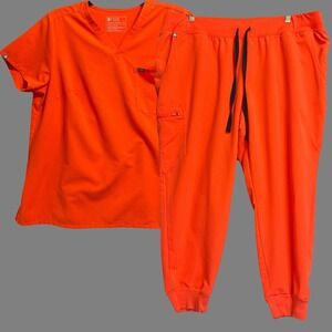 Figs Scrub Set Catarina Top & Zamora Joggers (Petite) Plus Size 3X Fiery Coral